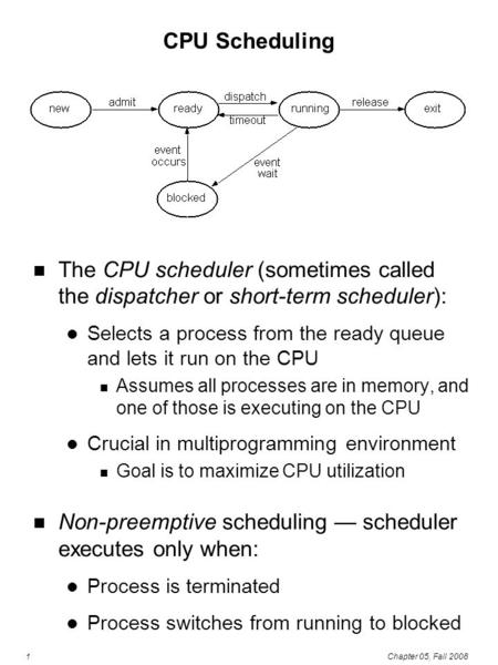 1Chapter 05, Fall 2008 CPU Scheduling The CPU scheduler (sometimes called the dispatcher or short-term scheduler): Selects a process from the ready queue.