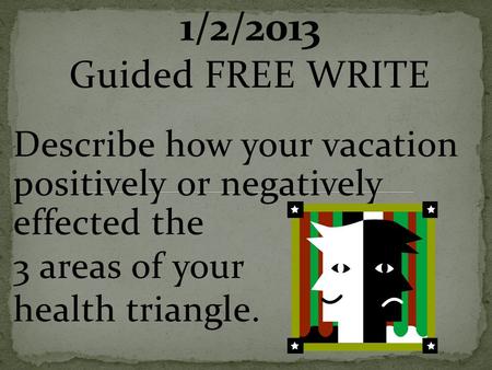 Guided FREE WRITE Describe how your vacation positively or negatively effected the 3 areas of your health triangle.
