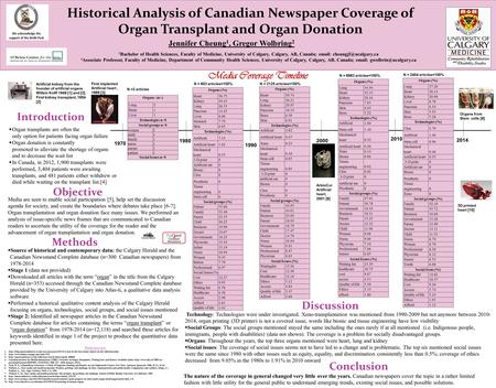 Jennifer Cheung 1, Gregor Wolbring 2 Historical Analysis of Canadian Newspaper Coverage of Organ Transplant and Organ Donation 1 Bachelor of Health Sciences,