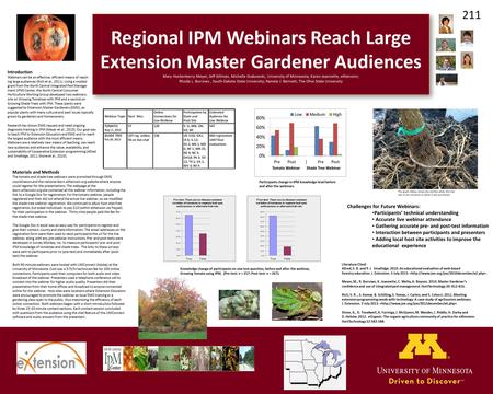 Regional IPM Webinars Reach Large Extension Master Gardener Audiences Mary Hockenberry Meyer, Jeff Gillman, Michelle Grabowski, University of Minnesota;