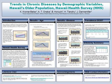 Trends in Chronic Diseases by Demographic Variables, Hawaii’s Older Population, Hawaii Health Survey (HHS) K. Kromer Baker 1, A. T. Onaka 1, B. Horiuchi.