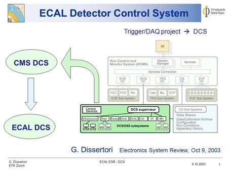G. Dissertori ETH Zürich 9.10.2003 ECAL ESR - DCS 1 ECAL Detector Control System G. Dissertori Electronics System Review, Oct 9, 2003 Status report Trigger/DAQ.