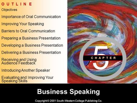 Learning Objective Chapter 5 Business Speaking Copyright © 2001 South-Western College Publishing Co. Objectives O U T L I N E Improving Your Speaking Barriers.