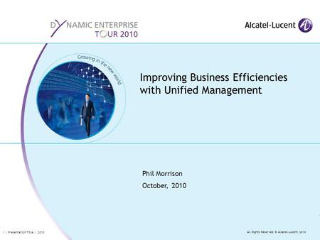 All Rights Reserved © Alcatel-Lucent 2010 1 | Presentation Title | 2010 Phil Morrison October, 2010 Improving Business Efficiencies with Unified Management.