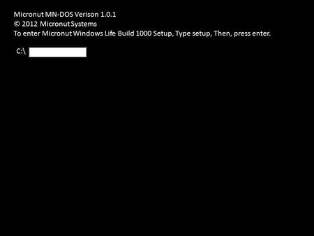 Micronut MN-DOS Verison 1.0.1 © 2012 Micronut Systems To enter Micronut Windows Life Build 1000 Setup, Type setup, Then, press enter. C:\