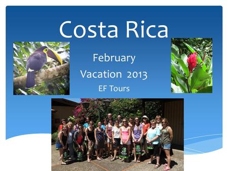 Costa Rica February Vacation 2013 EF Tours.  Left at 2:40 AM  Flight to Charlotte, NC at 6 AM  Boarded US Airways plane at 11:10 AM  Landed in Costa.