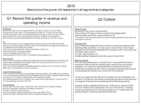 2010 Best product lineup ever with leadership in all segments and categories Q1 Record first quarter in revenue and operating income Q1 Results Revenue.