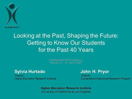 Looking at the Past, Shaping the Future: Getting to Know Our Students for the Past 40 Years NASPA/ACPA 2007 Conference Orlando, FL  April 2, 2007 Sylvia.