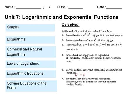 Name : ______________ ( ) Class : ________ Date :_________ Objectives: Unit 7: Logarithmic and Exponential Functions Graphs Solving Equations of the Form.