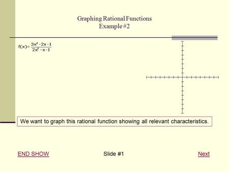 Graphing Rational Functions Example #2 END SHOWEND SHOW Slide #1 NextNext We want to graph this rational function showing all relevant characteristics.