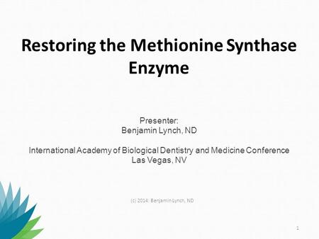 Restoring the Methionine Synthase Enzyme Presenter: Benjamin Lynch, ND International Academy of Biological Dentistry and Medicine Conference Las Vegas,