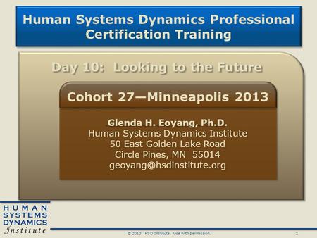 1 © 2013. HSD Institute. Use with permission. Human Systems Dynamics Professional Certification Training Human Systems Dynamics Professional Certification.