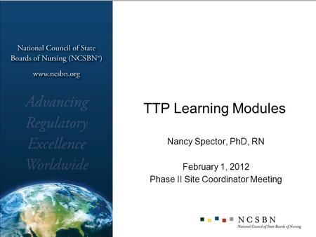 TTP Learning Modules Nancy Spector, PhD, RN February 1, 2012 Phase II Site Coordinator Meeting.