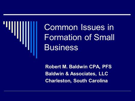 Common Issues in Formation of Small Business Robert M. Baldwin CPA, PFS Baldwin & Associates, LLC Charleston, South Carolina.