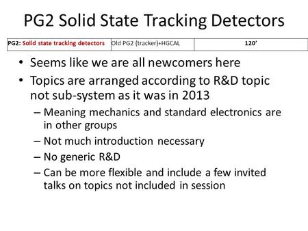 PG2 Solid State Tracking Detectors Seems like we are all newcomers here Topics are arranged according to R&D topic not sub-system as it was in 2013 – Meaning.