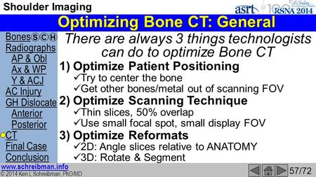 Bones Radiographs AP & Obl Ax & WP Y & ACJ AC Injury GH Dislocate Anterior Posterior CT Final Case Conclusion © 2014 Ken L Schreibman, PhD/MD www.schreibman.info.