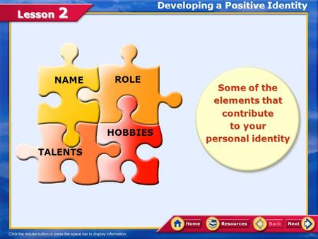 Lesson 2 Some of the elements that contribute to your personal identity NAME ROLE TALENTS HOBBIES Developing a Positive Identity.