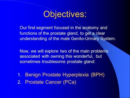 Objectives: Our first segment focused in the anatomy and functions of the prostate gland, to get a clear understanding of the male Genito-Urinary System.