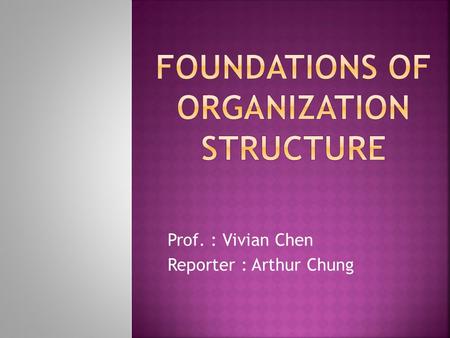 Prof. : Vivian Chen Reporter : Arthur Chung.  What is organization structure ?  Organization structure six key elements.  Common organizational design.