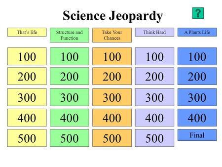 Science Jeopardy 100 200 300 400 500 100 200 300 400 500 100 200 300 400 500 100 200 300 400 500 100 200 300 400 Final That’s lifeStructure and Function.