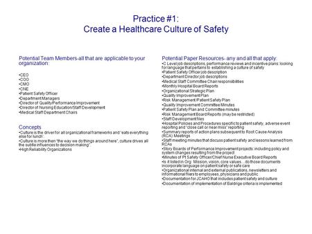 Practice #1: Create a Healthcare Culture of Safety Potential Team Members-all that are applicable to your organization: CEO COO CMO CNE Patient Safety.