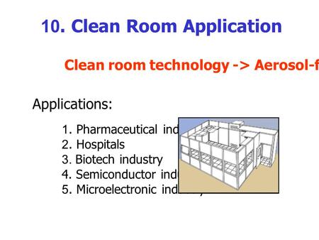 10. Clean Room Application Clean room technology -> Aerosol-free environment Applications: 1. Pharmaceutical industry 2. Hospitals 3. Biotech industry.