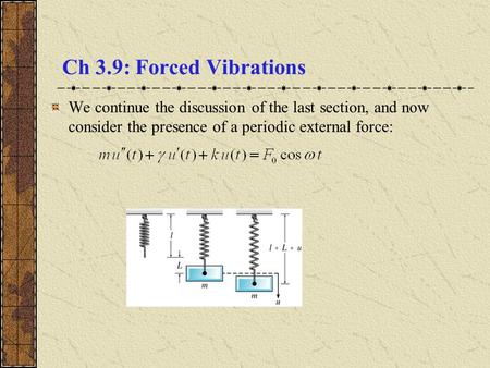 Ch 3.9: Forced Vibrations We continue the discussion of the last section, and now consider the presence of a periodic external force: