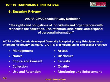 TOP 10 TECHNOLOGY INITIATIVES © 2013 - Robert G. Parker S-1 6. Ensuring Privacy AICPA-CPA Canada Privacy Definition “the rights and obligations of individuals.
