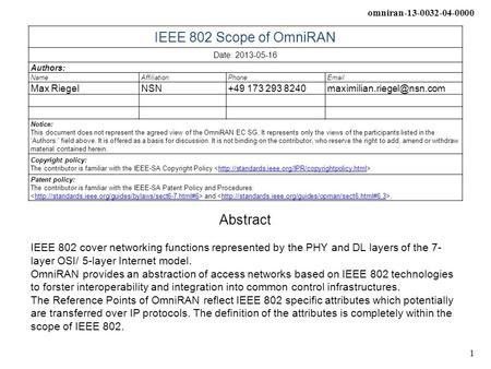 Omniran-13-0032-04-0000 1 IEEE 802 Scope of OmniRAN Date: 2013-05-16 Authors: NameAffiliationPhone Max RiegelNSN+49 173 293
