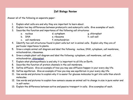 Cell Biology Review Learning Target: