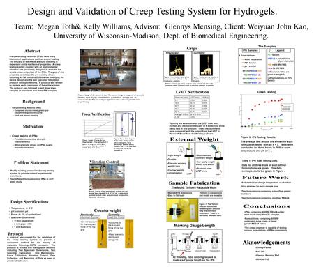 Design and Validation of Creep Testing System for Hydrogels. Team: Megan Toth& Kelly Williams, Advisor: Glennys Mensing, Client: Weiyuan John Kao, University.