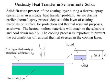 Unsteady Heat Transfer in Semi-infinite Solids Solidification process of the coating layer during a thermal spray operation is an unsteady heat transfer.