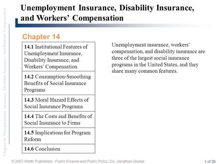 Unemployment Insurance, Disability Insurance, and Workers’ Compensation Chapter 14 Unemployment insurance, workers’ compensation, and disability insurance.