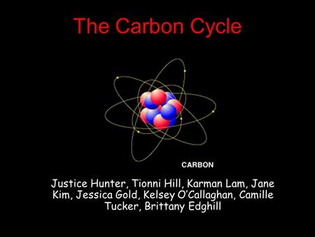 The Carbon Cycle Justice Hunter, Tionni Hill, Karman Lam, Jane Kim, Jessica Gold, Kelsey O’Callaghan, Camille Tucker, Brittany Edghill.