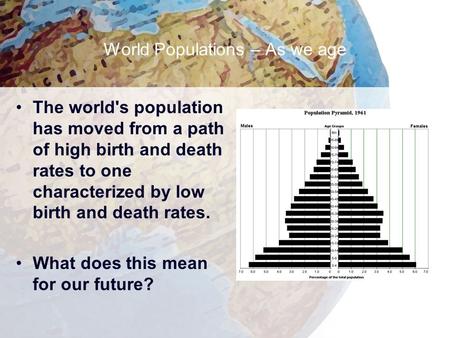 World Populations – As we age The world's population has moved from a path of high birth and death rates to one characterized by low birth and death rates.