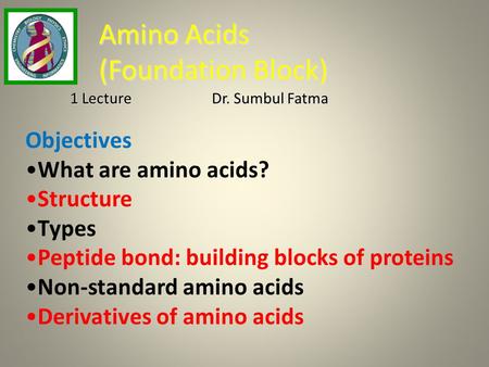 Amino Acids (Foundation Block) Objectives What are amino acids? Structure Types Peptide bond: building blocks of proteins Non-standard amino acids Derivatives.