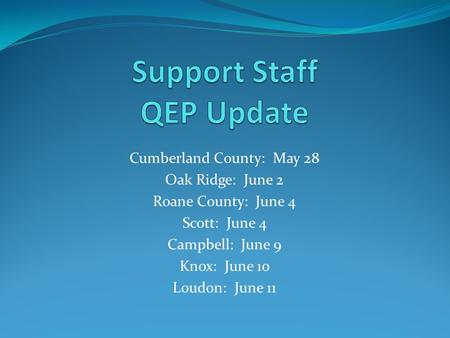 Cumberland County: May 28 Oak Ridge: June 2 Roane County: June 4 Scott: June 4 Campbell: June 9 Knox: June 10 Loudon: June 11.