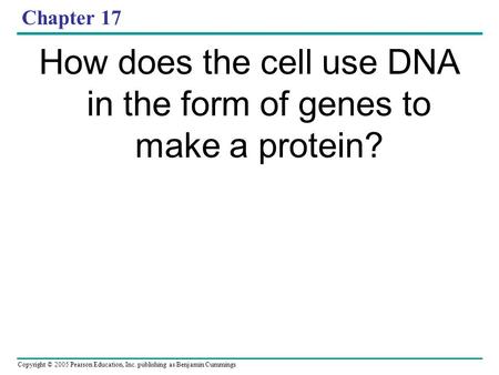 Copyright © 2005 Pearson Education, Inc. publishing as Benjamin Cummings Chapter 17 How does the cell use DNA in the form of genes to make a protein?
