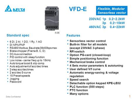 Delta Confidential VFD-E Features Sensorless vector control Built-in filter for all models (except 230VAC 3-phase) RFI-switch Option PG-card (closed-loop)
