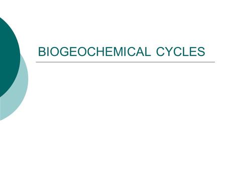 BIOGEOCHEMICAL CYCLES. Biogeochemical Big word; simple idea  Bio = life  Geo = earth  Chemical = substance So biogeochemical = substances involved.