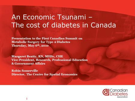 Diabetes.ca | 1-800-BANTING (226-8464) An Economic Tsunami – The cost of diabetes in Canada Presentation to the First Canadian Summit on Metabolic Surgery.