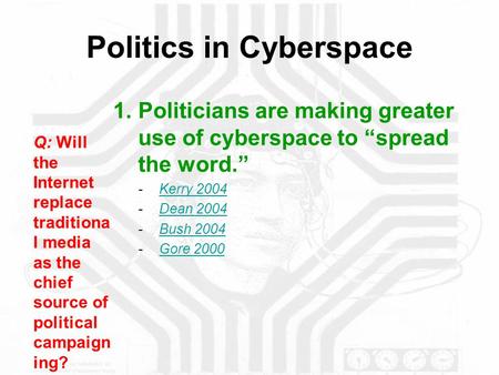 Politics in Cyberspace 1.Politicians are making greater use of cyberspace to “spread the word.” -Kerry 2004Kerry 2004 -Dean 2004Dean 2004 -Bush 2004Bush.