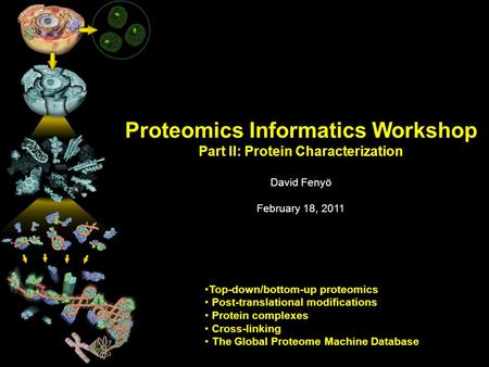 Proteomics Informatics Workshop Part II: Protein Characterization David Fenyö February 18, 2011 Top-down/bottom-up proteomics Post-translational modifications.