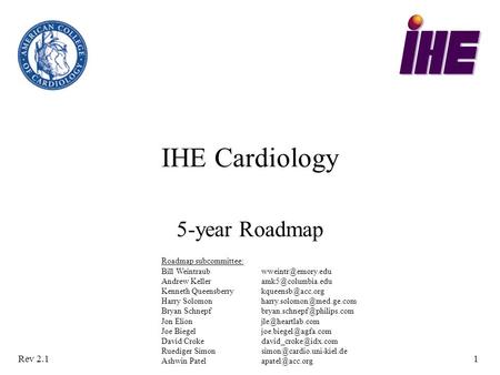 Rev 2.11 IHE Cardiology 5-year Roadmap Roadmap subcommittee: Bill Weintraub Andrew Kenneth