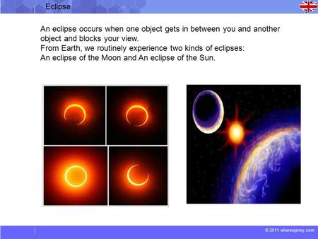 © 2011 wheresjenny.com An eclipse occurs when one object gets in between you and another object and blocks your view. From Earth, we routinely experience.