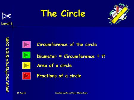Level 3 14-Aug-15Created by Mr. Lafferty Maths Dept. The Circle Circumference of the circle Diameter = Circumference ÷ π www.mathsrevision.com Area of.
