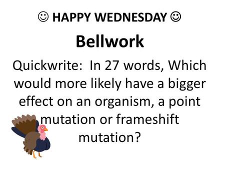 HAPPY WEDNESDAY Bellwork Quickwrite: In 27 words, Which would more likely have a bigger effect on an organism, a point mutation or frameshift mutation?