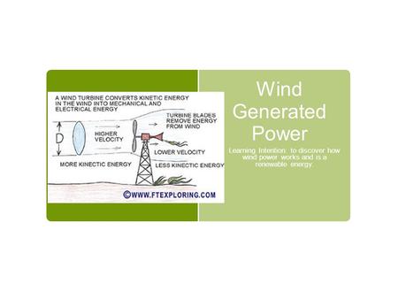 Wind Generated Power Learning Intention: to discover how wind power works and is a renewable energy.