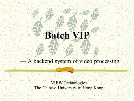 Batch VIP — A backend system of video processing VIEW Technologies The Chinese University of Hong Kong.