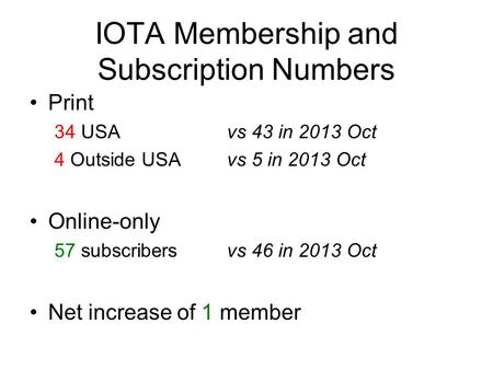 IOTA Membership and Subscription Numbers Print 34 USA vs 43 in 2013 Oct 4 Outside USA vs 5 in 2013 Oct Online-only 57 subscribers vs 46 in 2013 Oct Net.